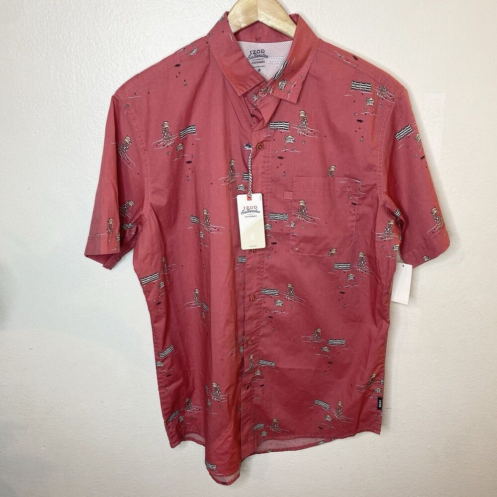 Izod Saltwater Performance Red Beach Shirt Short Sleeve Casual Mens Medium‎